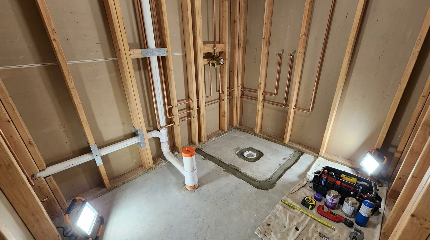 Bathroom rough-in plumbing during remodel by Johns Plumbing LLC in Big Bear City