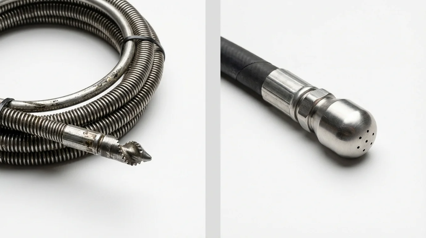 Drain snake cable and hydro jetting nozzle used for drain cleaning in Big Bear City, CA