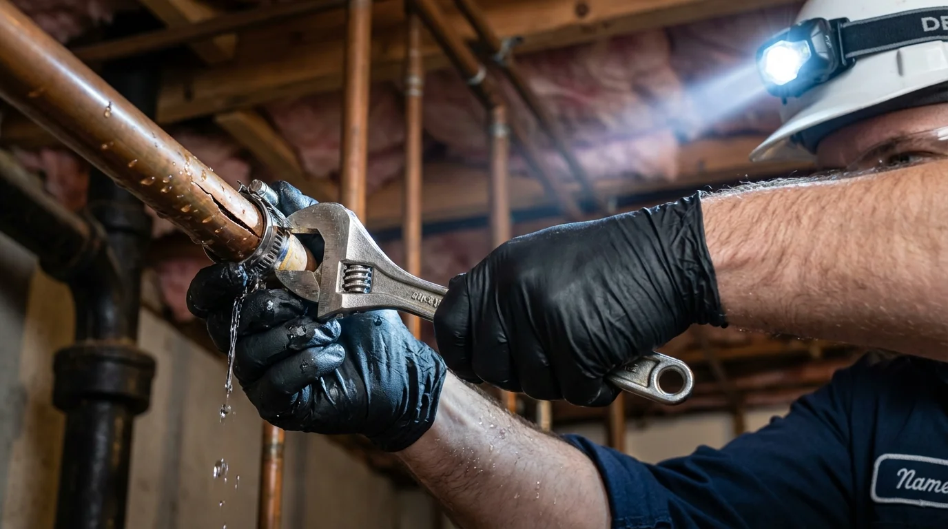 Emergency pipe clamp repair being performed by a Johns Plumbing LLC plumber in Big Bear City