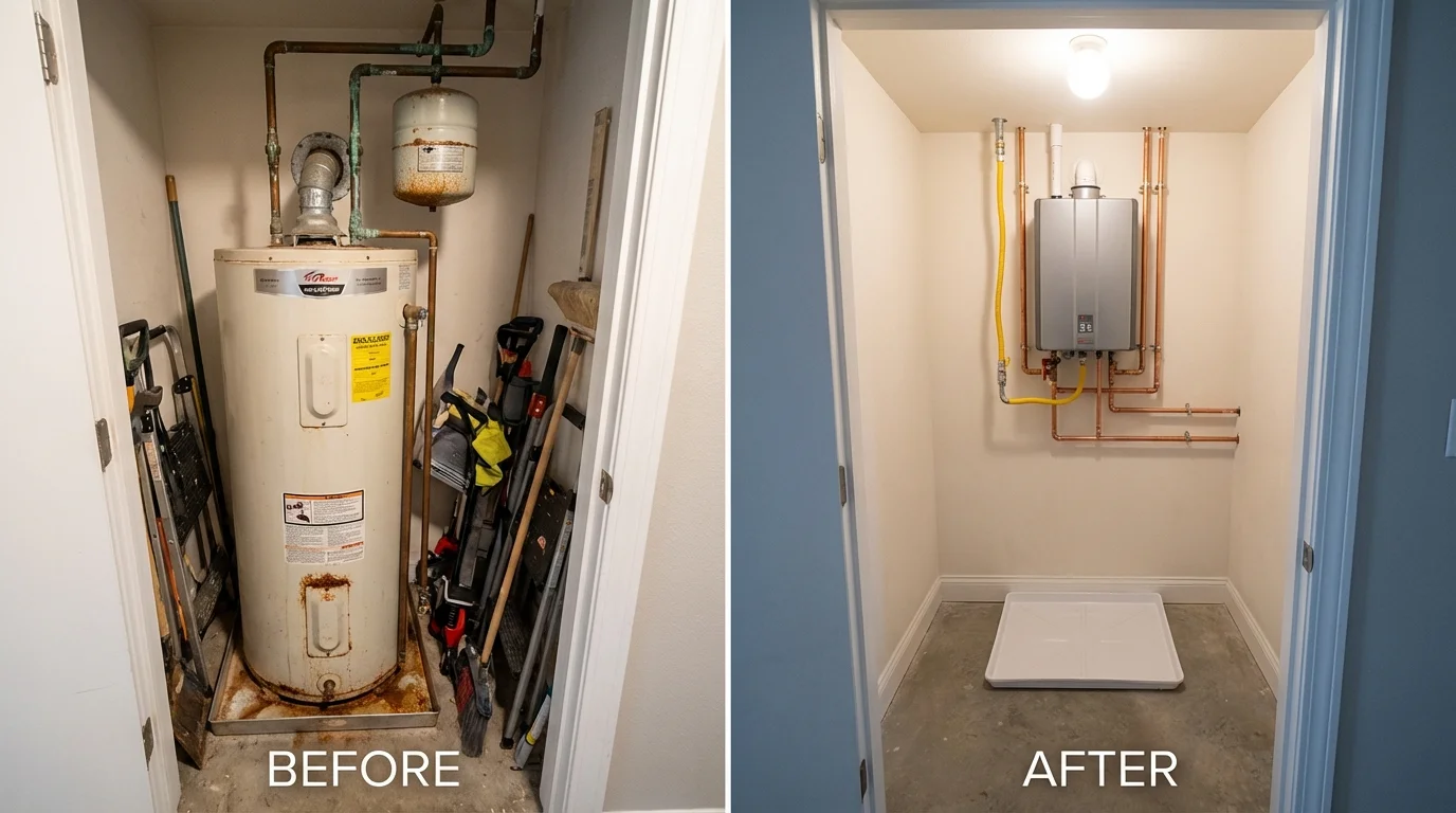 Tank water heater versus wall-mounted tankless unit comparison for Big Bear City, CA homeowners