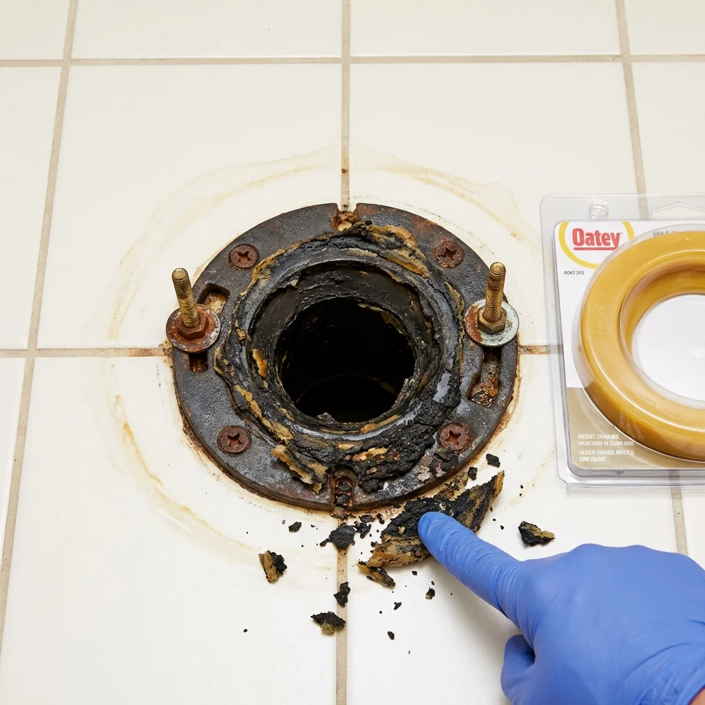 Failed wax ring showing water seepage at the base of a toilet in a Big Bear City, CA home
