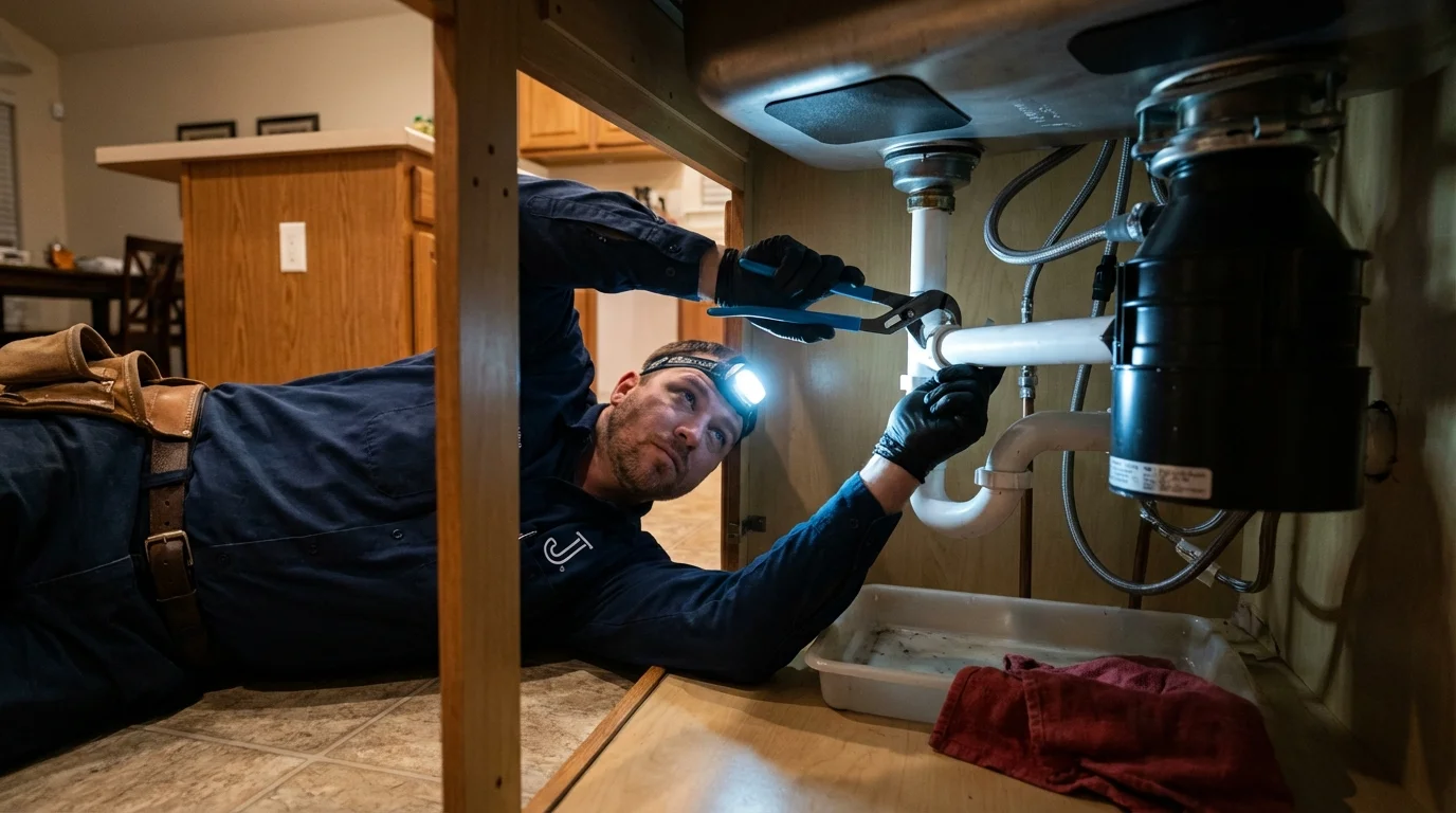 P-trap and supply line connections under a kitchen sink showing a common leak point in Big Bear City, CA